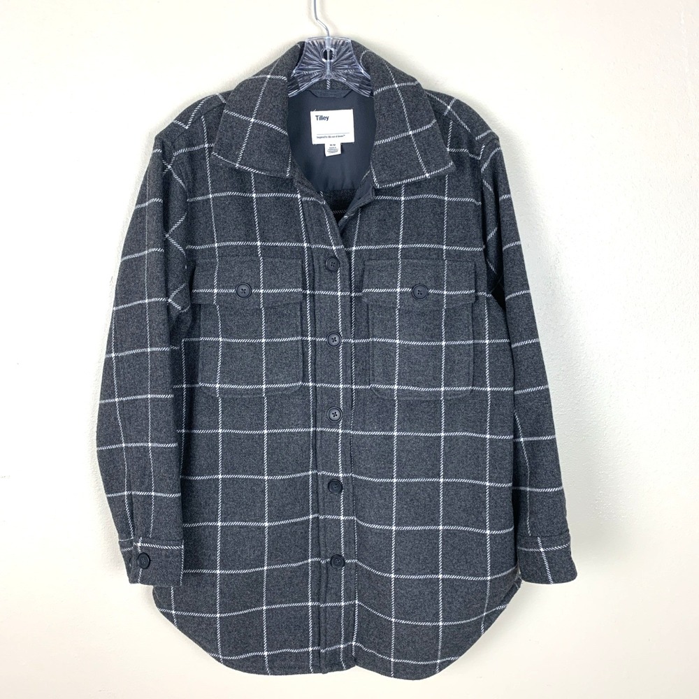 Tilley Gray Button Up Shirt Jacket Shacket Size M Plaid Fall Wool Blend Flannel